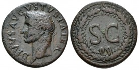 Octavian as Augustus, 27 BC – 14 AD Dupondius Divus Augustus. circa 22/23-26, Æ 29mm., 13.78g. Radiate head l. Rev. S C within wreath. C 252. RIC Tibe...