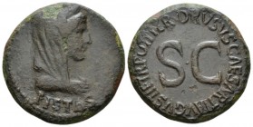 In the name of Livia, wife of Augustus Dupondius circa 22-23, Æ 27mm., 8.96g. Veiled, draped and diademed bust of Livia as Pietas r. Rev. Legend aroun...