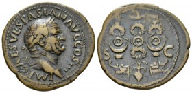 Vespasian, 69-79 As circa 71, Æ 31mm., 10.56g. Laureate head r. Rev. Three standards. RIC 320

Rare. Attractive brown tone, Very Fine.

From the E...