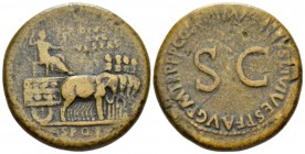 Divo Vespasiano Sestertius circa 80-81, Æ 34mm., 25.26g. Deified Vespasian seated r., holding sceptre and Victory, in car drawn by four elephants with...