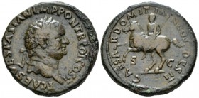 Titus Caesar, 69-79 Sestertius circa 72, Æ 32mm., 26.71g. Laureate head r. Rev. Domitian on horseback prancing l., holding sceptre. C 27. RIC Vespasia...