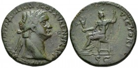 Domitian, 81-96 Sestertius circa 90-91, Æ 32mm., 20.18g. Laureate head r. Rev. Jupiter seated l. on throne, holding Victory and sceptre. C 317. RIC 70...