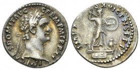 Domitian, 81-96 Denarius circa 92, AR 19mm., 3.32g. Laureate head r. Rev. Minerva standing r. on capital of rostral column, hurling javelin and holdin...