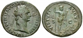 Domitian, 81-96 As circa 95-96, Æ 30mm., 9.81g. Domitian augustus, 81 – 96. As Rome 87, Æ 30mm, 9.81g. Laureate bust r. Rev. Virtus standing r., r. fo...