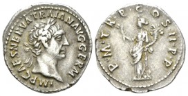 Trajan, 98-117 Denarius circa 98-99, AR 19.5mm., 3.18g. Laureate head r. Rev. Pax standing l., holding olive branch and cornucopia. RIC 6. C 209.

G...