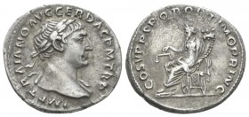 Trajan, 98-117 Denarius circa 103-111, AR 18mm., 3.31g. Laureate, draped and cuirassed bust r. Rev. Aequitas seated l., holding scales and cornucopiae...