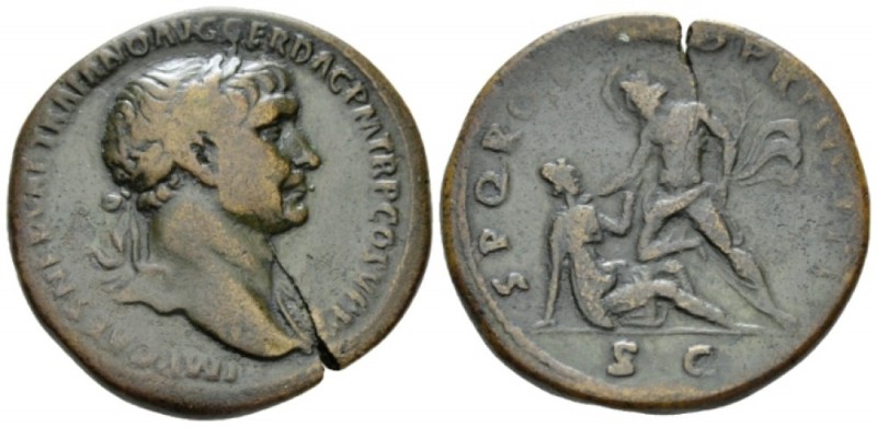 Trajan, 98-117 Sestertius circa 103-111, Æ 33mm., 22.63g. Laureate bust r., wear...