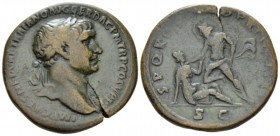 Trajan, 98-117 Sestertius circa 103-111, Æ 33mm., 22.63g. Laureate bust r., wearing aegis. Rev. The Danube standing l., placing knee on Dacia, whom he...