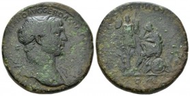 Trajan, 98-117 Sestertius circa 108-109/10, Æ 31mm., 23.51g. Laureate bust r., with drapery on l. shoulder. Rev. Dacia mourning seated l. on pile of a...