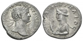 Trajan, 98-117 Drachm Caesaraea-Eusebia circa 112-117, AR 19mm., 3.27g. Laureate bust r., slight drapery on l. shoulder. Rev. Bust of Artemis l., hold...