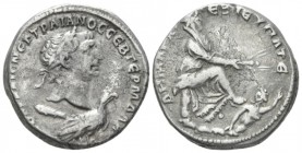 Trajan, 98-117 Tetradrachm Antioch circa 110-111, AR 25mm., 14.06g. Laureate head r., supported by eagle standing r.; below neck, club. Rev. Tyche sea...