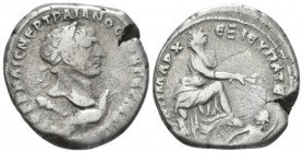 Trajan, 98-117 Tetradrachm circa 110-111, AR 24mm., 14.12g. Laureate head r., supported by eagle standing r.; below neck, club. Rev. Tyche seated r. o...