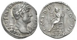 Hadrian, 117-138 Denarius circa 119-122, AR 18mm., 3.23g. Laureate head r. Rev: P M TR P COS III Libertas seated l. on throne, holding branch and scep...