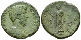 Aelius Caesar, 136-138 Sestertius circa 137, Æ 30mm., 19.46g. Draped bust r. Rev. Spes advancing l., holding flower and lifting hem of dress. C 62. RI...