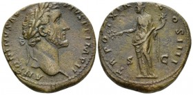 Antoninus Pius, 138-161 Sestertius circa 155-156, Æ 31.5mm., 23.37g. Laureate head r. Rev. Pax standing l., holding olive branch and cornucopia. RIC 9...