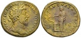 Marcus Aurelius, 161-180 Sestertius circa 161, Æ 32mm., 24.77g. Marcus Aurelis, 161-180. Sestertius Roma 161, Æ 32mm, 24.77g. Laureate head r. Rev. Sa...