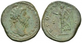 Marcus Aurelius, 161-180 Sestertius circa 168, Æ 30mm., 21.99g. Laureate head r. Rev. Victory advancing l. holding wreath. C 818. RIC 952.

Light gr...