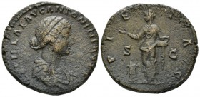 Lucilla, daughter of M. Aurelius and wife of Lucius Verus Sestertius 161-162, Æ 31mm., 23.49g. LVCILLAE AVG ANTONINI AVG F Draped bust r. Rev. PIETAS ...