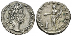 Commodus, 177-192 Denarius circa 190-191, AR 18.5mm., 3.09g. Laureate head r. Rev. Genius, naked to waist, standing l., sacrificing from patera over l...