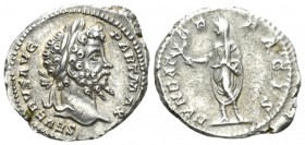 Septimius Severus, 193-211 Denarius circa 201, AR 19mm., 3.60g. Laureate head r. Rev. The Emperor, veiled, standing l., holding branch and roll. RIC 2...