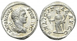 Caracalla, 198-217 Denairus circa 205, AR 18.5mm., 3.30g. Laureate and draped bust r. Rev. Felicitas standing l., holding caduceus and cornucopia. RIC...