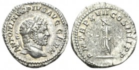 Caracalla, 198-217 Denarius circa 214, AR 19mm., 3.22g. Laureate head r. Rev. Genius of the Senate, togate, standing l., holding branch and baton. RIC...