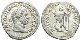 Caracalla, 198-217 Denarius circa 214, AR 19mm., 3.25g. Laureate head r. Rev. Jupiter standing l., holding thunderbolt and scepter; in front, eagle st...