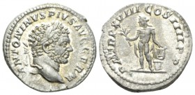 Caracalla, 198-217 Denarius circa 215, AR 19mm., 3.04g. ANTONINVS PIVS AVG GERM Laureate head r. Rev. P M TR P XVIII COS IIII P P Apollo, naked, stand...