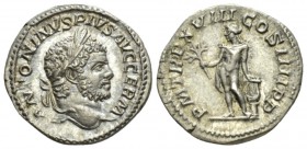 Caracalla, 198-217 Denarius circa 215, AR 18.5mm., 3.23g. Laureate head r. Rev. Apollo standing l., holding olive branch and lyre set upon altar. C 28...