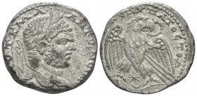 Caracalla, 198-217 Tetradrachm Antioch circa 216-217, AR 26.5mm., 13.52g. Laureate head r. Rev. Eagle standing facing, head r., holding wreath in beak...