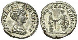 Plautilla, wife of Caracalla Denarius circa 202, AR 19.5mm., 3.75g. Draped bust r. Rev. Plautilla and Caracalla standing facing, clasping hands. C 10....