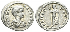 Geta Caesar, 198-209 Denarius Laodicea circa 198-200, AR 20mm., 3.36g. Bare-headed, draped, and cuirassed bust r. Rev. Spes advancing l., holding flow...