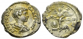 Geta Caesar, 198-209 Denarius circa 200-205, AR 19.5mm., 3.51g. Bareheaded, draped, and cuirassed bust r. Rev. Victory flying l., holding open wreath;...