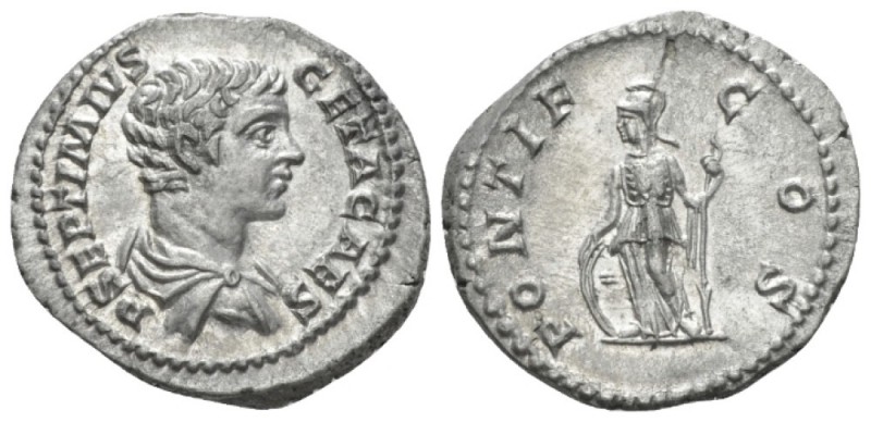 Geta as Caesar, 198-209. Denarius circa 205-208, AR 19.5mm., 3.16g. P SEPTIMIVS ...