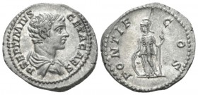 Geta as Caesar, 198-209. Denarius circa 205-208, AR 19.5mm., 3.16g. P SEPTIMIVS GETA CAES Bareheaded and draped bust r. Rev. PONTIF COS Minerva standi...
