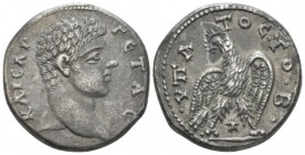 Geta Caesar, 198-209 Tetradrachm Laodicea ad Mare circa 208-209, AR 26mm., 13.22g. KAICAP ΓЄTAC Bare head r. Rev. ·VΠATOC · TO· B · Eagle standing fac...