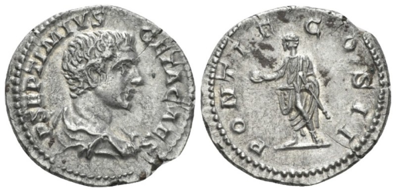 Geta Caesar, 198 – 209 Denarius circa 209, AR 19mm., 3.09g. Laureate and draped ...