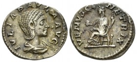 Julia Paula, wife of Elagabalus Denarius circa 219-220, AR 19.5mm., 3.14g. Draped bust r. Rev. Venus seated l. on throne, holding apple and sceptre. C...