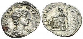 Julia Soemias, mother of Elagabalus Denarius circa 220-222, AR 19mm., 2.56g. Draped bust r. Rev. Venus seated l. on throne, holding apple and sceptre;...