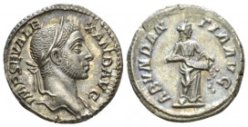 Severus Alexander, 222-235 Denarius circa 228-231, AR 19.5mm., 3.17g. Laureate head r., slight drapery on l. shoulder. Rev. Abundantia standing r., em...
