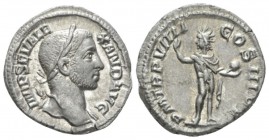 Severus Alexander, 222-235 Denarius circa 230, AR 19mm., 3.93g. Laureate head r. Rev. Sol standing r., raising r. hand and holding globe. RIC 102. C 3...