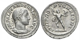 Severus Alexander, 222-235 Denrius circa 232, AR 20.5mm., 3.11g. Laureate and draped bust r. Rev. IOVI PRO PVGNATORI Jupiter in fighting stance l., he...