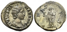 Julia Mamaea, mother of Severus Alexander Denarius circa 222-235, AR 20.5mm., 3.42g. Draped bust r. Rev. Vesta standing l., holding Victory and sceptr...
