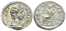 Julia Mamaea, mother of Severus Alexander Denarius circa 231, AR 20mm., 2.76g. Diademed and draped bust r. Rev. Juno seated l., holding flower and inf...