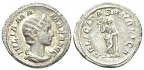 Julia Mamaea, mother of Severus Alexander Denarius circa 222-235, AR 21mm., 3.48g. IVLIA MA – MAEA AVG Diademed and draped bust r. Rev. FELICIT – A – ...