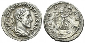 Maximinus I, 235-238 Denarius crca 235-236, AR 21mm., 3.20g. Laureate, draped and cuirassed bust r. Rev. Victory advancing r., holding palm branch and...