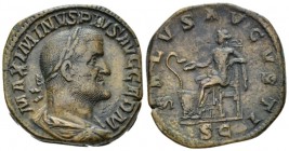 Maximinus I, 235-238 Sestertius circa, Æ 31mm., 21.67g. Laureate, draped and cuirassed bust r. Rev. Salus seated l., feeding from patera a serpent ris...