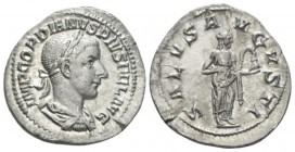 Gordian III, 238-244 Denarius circa 241, AR 20.5mm., 3.06g. Laureate, draped and cuirassed bust r. Rev. Salus standing r., feeding snake held in arms....