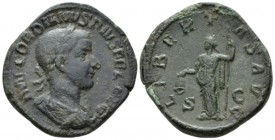Gordian III, 238-244 Sestertius circa 241-243, Æ 32mm., 19.21g. Laureate, draped and cuirassed bust r. Rev. Libertas standing l., holding pileus and s...