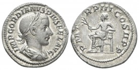 Gordian III, 238-244 Denarius circa 241-243, AR 20mm., 3.17g. Laureate, draped and cuirassed bust r. Rev. Apollo seated l., holding branch and resting...